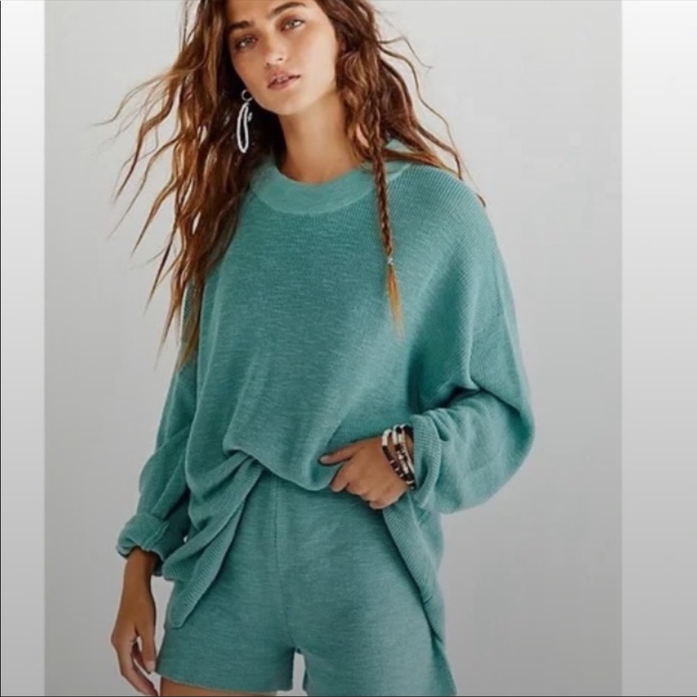 Free People Malibu solid surf knit set XS Blue Jade